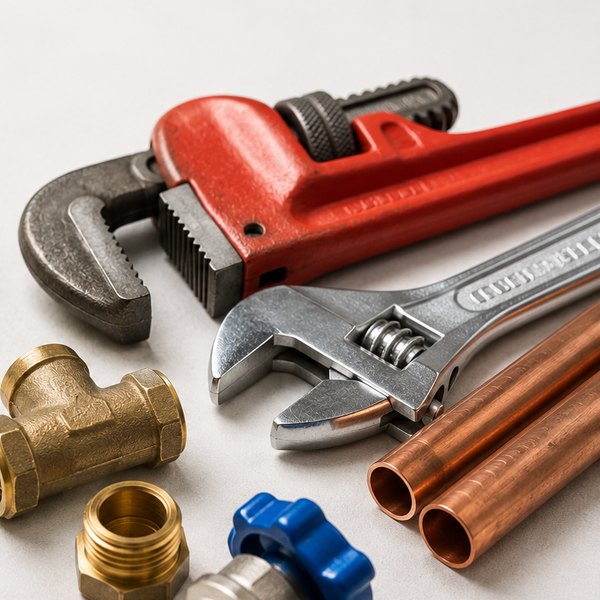 Llave grifa, accesorios de latón y tubo de cobre