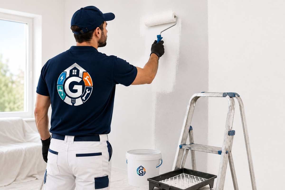 Pintor aplicando pintura con rodillo en una pared